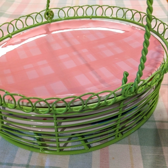 Picnic Oval Plates Ceramic Egg Plates Mixed Set Woven Metal Basket Spring Green - Picture 2 of 7